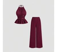 Shein Conjunto de 2 piezas de estilo francés con top halter de unicolor holgado que ciñe la cintura y pantalones anchos y relajados, de moda para damas