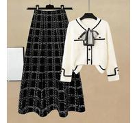 Shein Conjunto de 2 piezas de estilo francés elegante para mujer con chaqueta de punto con lazo y falda midi de línea A a cuadros, atuendo casual de negocio