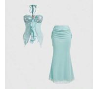 Shein Conjunto de 2 piezas de falda de sirena con dobladillo de parche y parte superior tipo bandeau con decoración de conchas marinas, para vacaciones de v