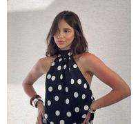 Shein Conjunto de 2 piezas de falda mini elegante, casual y sexy con lunares negros y blancos para primavera/verano 2026 - Blusa sin mangas con cuello halte