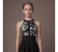 Shein Conjunto de 2 piezas de leotardo de ballet + falda para niñas preadolescentes, alta elasticidad, ajuste ceñido, escote en V profundo, patchwork de mal