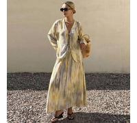 Shein Conjunto de 2 piezas de lino para mujer, estilo minimalista Old Money, moda de verano primavera-verano, elegante, ajuste relajado, camisa y falda