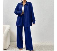 Shein Conjunto de 2 piezas de LUNE con camisa de otoño de nueva tela texturizada de hombros caídos con abertura en el bajo y pantalones de pierna ancha con