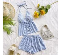 Shein Conjunto de 2 piezas de moda de vacaciones para mujer con camiseta de tirantes con escote en V y estampado de leopardo y shorts sueltos y súper cortos