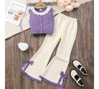 Shein Conjunto de 2 piezas de moda informal para niñas preadolescentes con top sin mangas con cuello Peter Pan y pantalones anchos de pierna suelta, para pr