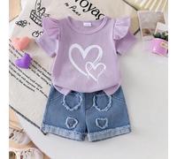 Shein Conjunto de 2 piezas de niña bebé con camiseta de manga con volantes con estampado de corazón y pantalones cortos vaqueros casuales con parche de cora