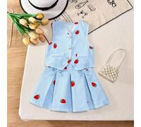 Shein Conjunto de 2 piezas de niña joven con chaleco sin mangas rosa dulce con botones de perla + falda plisada con moño, estilo elegante de dama, atuendo c