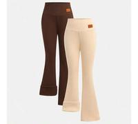 Shein Conjunto de 2 piezas de pantalones acampanados con cuello alto, forro de felpa acanalada y parche de PU para niñas preadolescentes, informal y versáti