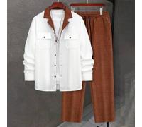 Shein Conjunto de 2 piezas de poliéster ligero para hombre de primavera/otoño, camisa de solapa de un solo pecho con ribete de contraste, bolsillos dobles,