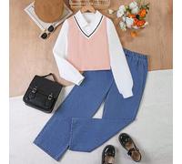 Shein Conjunto de 2 piezas de ropa casual de campus y para ir a la universidad para chicas adolescentes: Top de punto y tejido empalmada + Pantalones vaquer