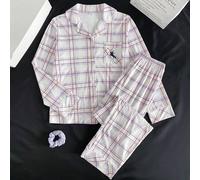 Shein Conjunto de 2 piezas de ropa de estar en casa para adolescentes, top de manga larga con solapa abierta y pantalones, estampado de cuadros morados, bol