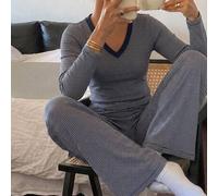 Shein Conjunto de 2 piezas de ropa de estar en casa para mujer: camiseta de manga larga con cuello en V a rayas & pantalones de pijama largos de pierna rect