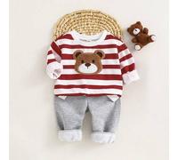 Shein Conjunto de 2 piezas de sudadera con capucha de manga larga con estampado de oso de dibujos animados y rayas coloridas, y pantalones de cintura elásti