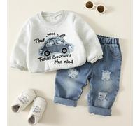 Shein Conjunto de 2 piezas de sudadera y pantalones vaqueros para bebé niño/niña unisex, infantil, con forro térmico grueso, estilo casual y lindo, con apli
