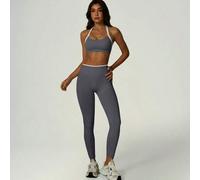 Shein Conjunto de 2 piezas de sujetador deportivo + pantalones largos moldeadores para mujer, primavera/verano, cuello halter, espalda descubierta sexy, rea