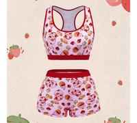 Shein Conjunto de 2 piezas de sujetador deportivo y shorts con estampado de niña fresa, ropa casual para el hogar y yoga
