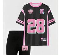 Shein Conjunto de 2 piezas de top casual de mujer con estampado gráfico de bloques de color creativos y shorts de ciclismo