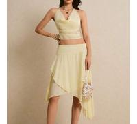 Shein Conjunto de 2 piezas de top con cuello drapeado y falda midi con bajo asimétrico, estilo francés para vacaciones, unicolor amarillo, conjunto de 2 pie