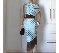 Shein Conjunto de 2 piezas de top corto y mini falda con estampado de lunares, cuello asimétrico y contraste de color, estilo retro francés de vacaciones de