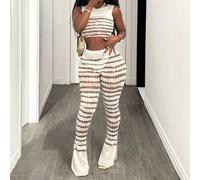 Shein Conjunto de 2 piezas de top corto y pantalones cortos de mujer a rayas con escote redondo semitransparente