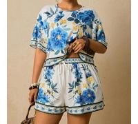 Shein Conjunto de 2 piezas de top corto y shorts con estampado floral colorido tropical y cuello redondo, para talla grande, casual de vacaciones