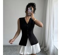 Shein Conjunto de 2 piezas de top de chaleco con cuello en V de unicolor elegante y vintage y minifalda con volantes de color contrastante, apto para Año Nu