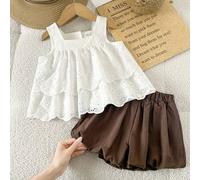 Shein Conjunto de 2 piezas de top sin mangas con bordado de encaje y shorts para niña bebé, adecuado para primavera y verano, uso diario