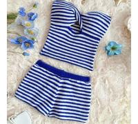 Shein Conjunto de 2 piezas de top tubo de punto acanalado y shorts a rayas, azul marino y blanco, estilo casual y sexy para salir, vacaciones y festivales,