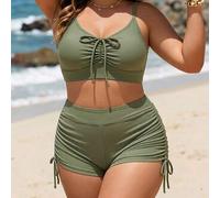 Shein Conjunto de 2 piezas de traje de baño de talla grande para mujer con top verde casual con cordón y shorts de cintura alta con cordón, para vacaciones