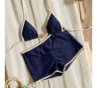 Shein Conjunto de 2 piezas de traje de baño para mujer con pantalones de pierna recta, cuello halter con lazo, adorno de estrella de mar oceánica, tela text