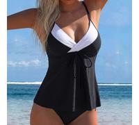 Shein Conjunto de 2 piezas de traje de baño para playa y sol de primavera/verano, top de tirantes y braguita de bikini en color bloque negro & blanco para m