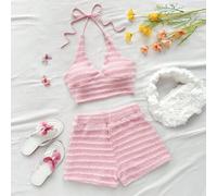 Shein Conjunto de 2 piezas de vacaciones para mujer, que incluye parte superior de escote en V de punto jacquard a rayas azul claro y shorts de cintura elás