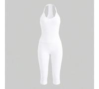 Shein Conjunto de 2 piezas de verano para mujer con top de tirantes de punto acanalado con cuello en V y capris ajustados de unicolor blanco