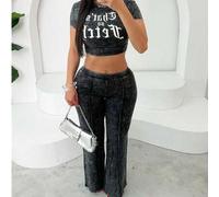 Shein Conjunto de 2 piezas de verano para mujer de estilo urbano con estampado de letras en unicolor, que incluye top corto de cuello redondo y pantalón rec