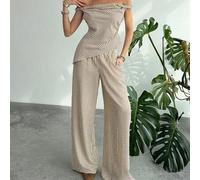 Shein Conjunto de 2 piezas de verano para mujer, top asimétrico a hombros descubiertos y rayas con pantalones relajados, conjunto para ir a trabajar