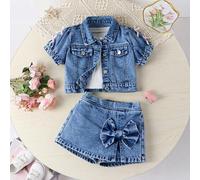 Shein Conjunto de 2 piezas de verano para niñas Denimly. Estilo casual y lindo para vacaciones, recomendación de look universitario. Azul denim lavado claro