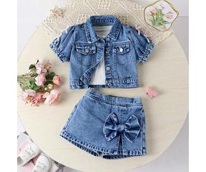 Shein Conjunto de 2 piezas de verano para niñas Denimly. Estilo casual y lindo para vacaciones, recomendación de look universitario. Azul denim lavado claro