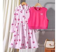 Shein Conjunto de 2 piezas de vestido casual estilo universitario para niñas, que incluye un chaleco suelto de cuello redondo y un vestido de camisa a rayas