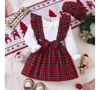 Shein Conjunto de 2 piezas de vestido de Navidad para niñas, blusa de manga larga con cuello de volantes y falda a cuadros con moño, traje de fiesta con som