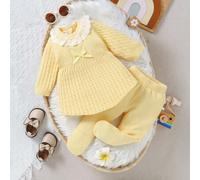 Shein Conjunto de 2 piezas de vestido de suéter de punto con decoración de lazo de encaje floral y leggings para niña bebé, estilo romántico casual y suave,