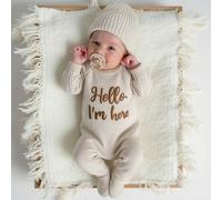 Shein Conjunto de 2 piezas Hello I'm Here con bordado gráfico divertido, mono de punto azul marino y gorro, atuendo de fotografía para recién nacido, sesión