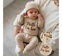 Shein Conjunto de 2 piezas Hello I'm Here con bordado gráfico divertido, ropa de fotografía para recién nacido, mono de punto azul marino, gorro, accesorios