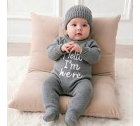 Shein Conjunto de 2 piezas Hello I'm Here con bordado gráfico divertido, ropa de fotografía para recién nacido, mono de punto azul marino, gorro, accesorios