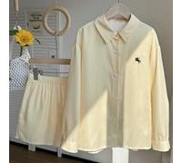 Shein Conjunto de 2 piezas oversize para niñas, camisa suelta con bordado a rayas y pantalones cortos de pierna ancha, conjunto casual de otoño, incluye top