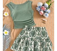 Shein Conjunto de 2 piezas para adolescente: Top sin mangas de punto texturizado jacquard verde haba y falda de doble capa con estampado vintage, atuendo ca