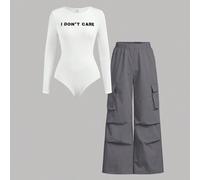 Shein Conjunto de 2 piezas para adolescentes: body de manga larga de cuello redondo versátil y casual con estampado de lema, y pantalones, para volver al co