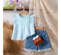 Shein Conjunto de 2 piezas para bebé niña: Blusa con volantes y encaje bordado de verano + Shorts vaqueros con volantes