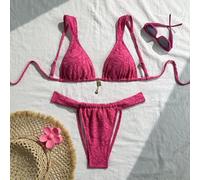 Shein Conjunto de 2 piezas para el spring break, vacaciones en la playa de mujeres: Bikini de triángulo de unicolor con textura especial de la tela y colgan