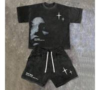 Shein Conjunto de 2 piezas para hombre con camiseta de manga corta con cuello redondo y estampado facial y de letras 100% algodón, y pantalones cortos infor