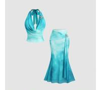 Shein Conjunto de 2 piezas para mujer con top corto halter sin espalda y falda mini estampada con degradado y estrella de mar, para resort tropical